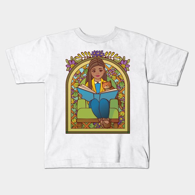 Girl Reading to Her Cat Kids T-Shirt by Sue Cervenka